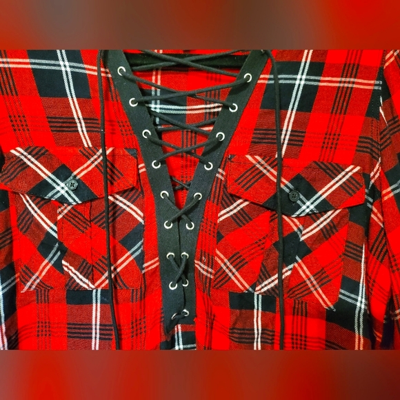 EXPRESS Buffalo Plaid Lace Tie up Long Sleeve Top XSMALL V Neck Red Black - Picture 8 of 10